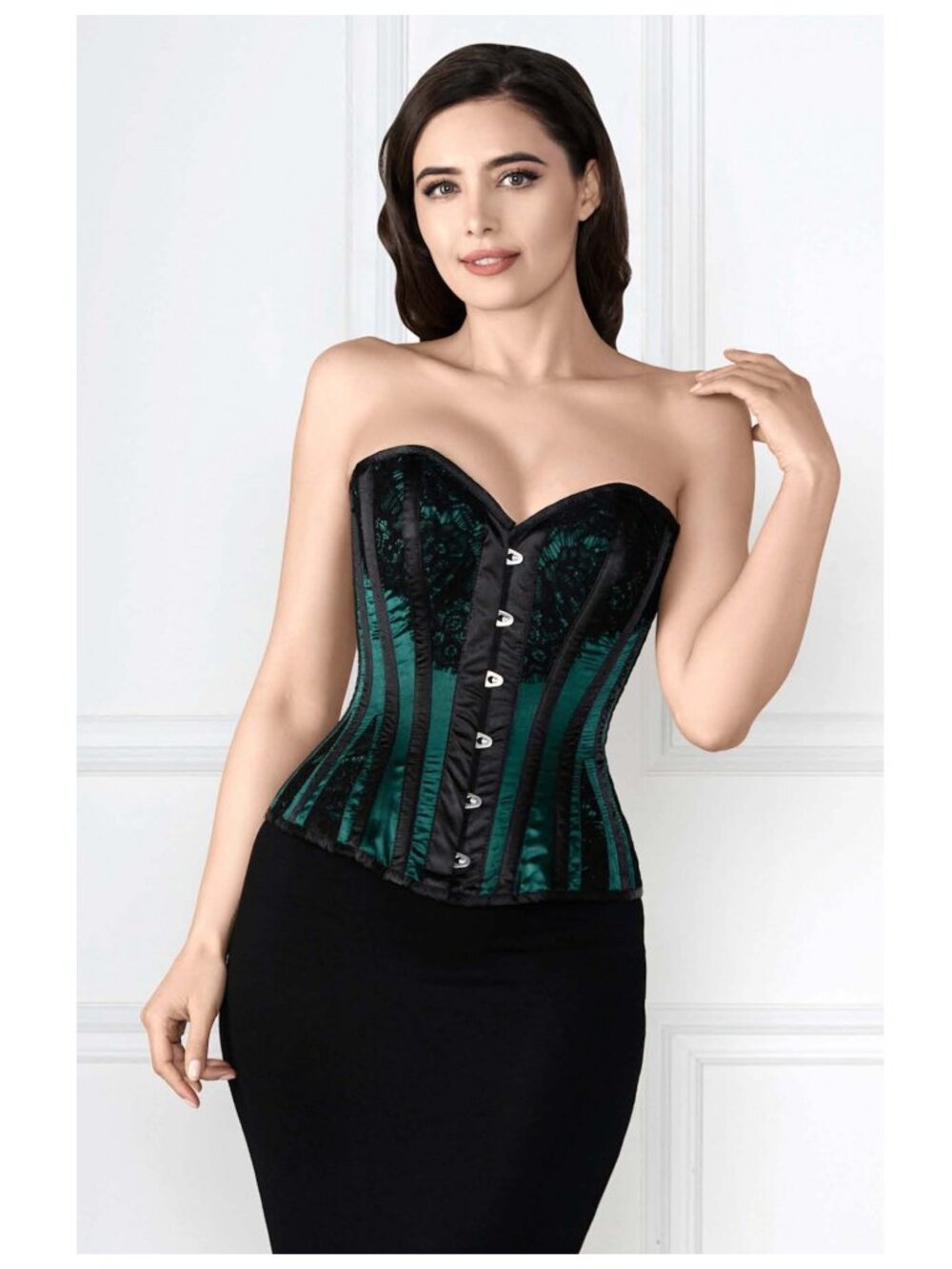 European Jade and Black Satin Lace Steel Boned Corset NWT 24" UK 10 / US 6 🖤💚